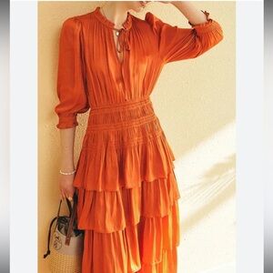 Maje Orange Tiered Sundress with Mandarin Collar